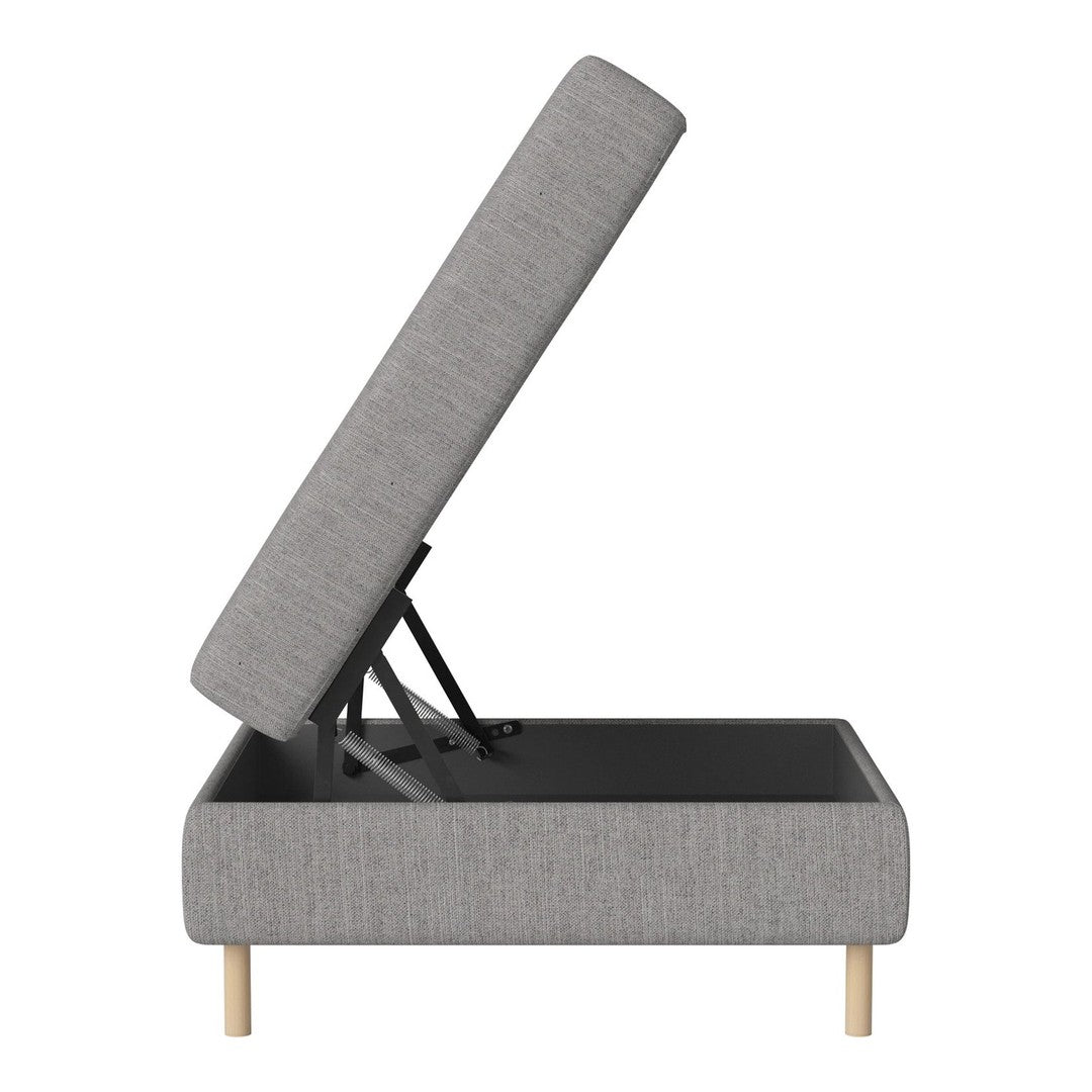 Gray fabric ottoman with a sleek design and natural wood legs, featuring a lift-top storage compartment.
