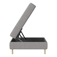 Gray fabric ottoman with a sleek design and natural wood legs, featuring a lift-top storage compartment.