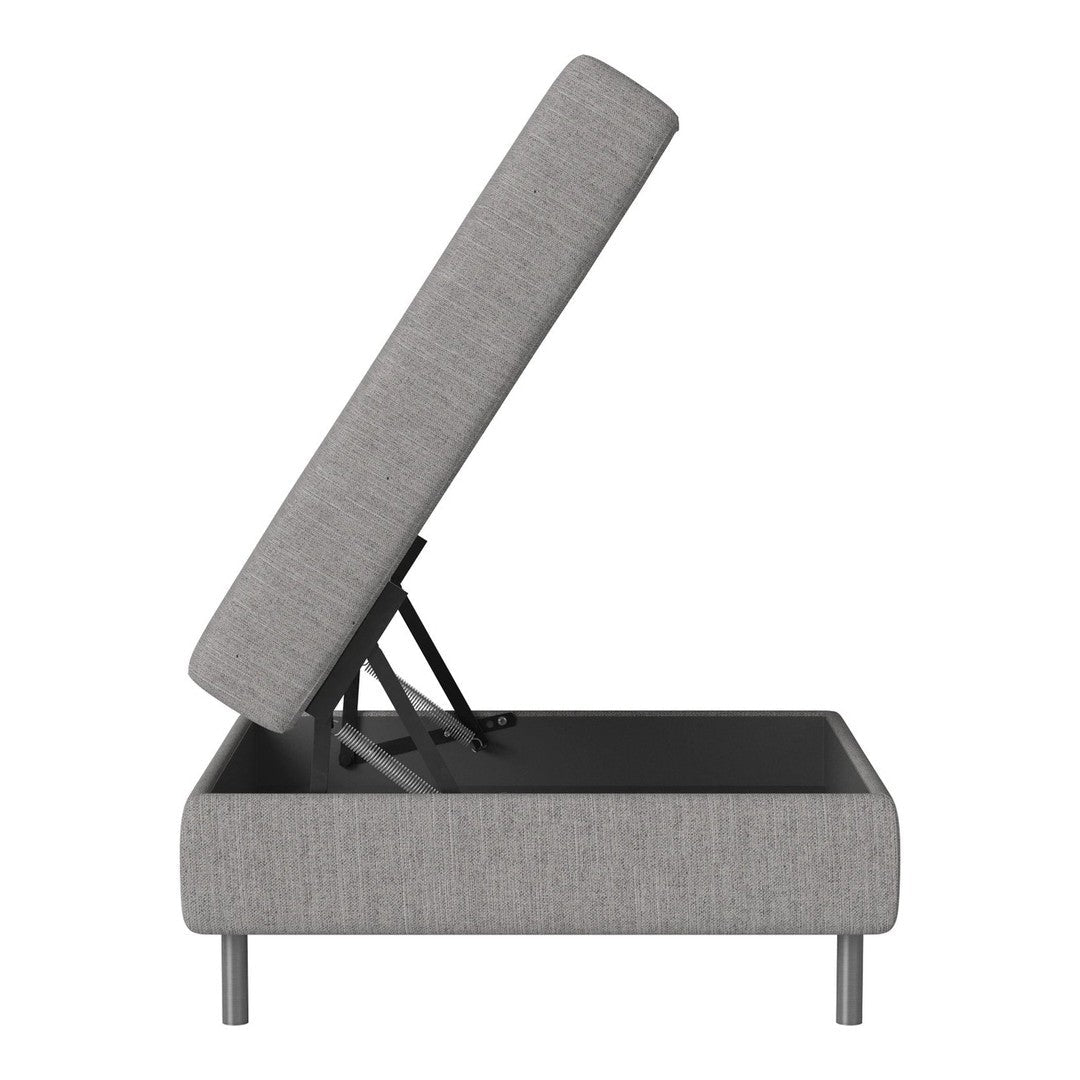 Gray upholstered storage sofa bed with clean lines and minimalist design, featuring a sleek metal base.