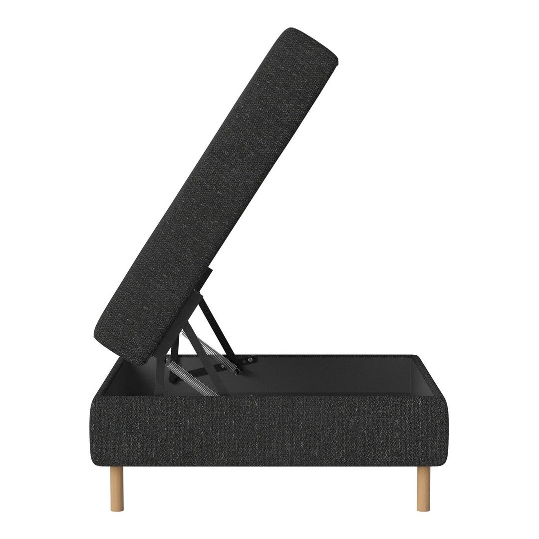 Black textured upholstery with natural wood legs, featuring a modern minimalist design and functional lift-top.
