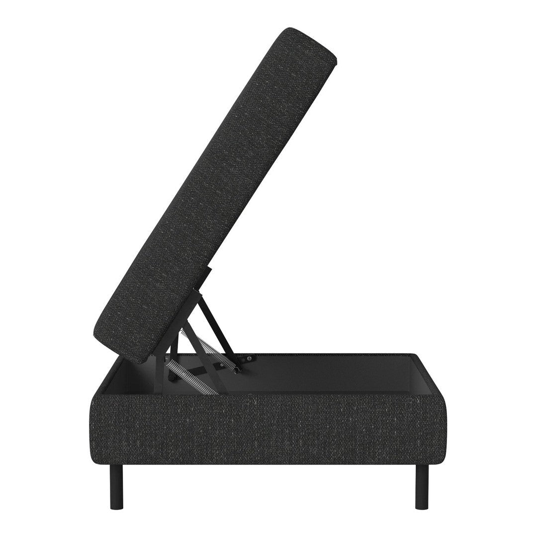 Black upholstered storage bed with textured fabric and a sleek modern design. Perfect for minimalist interiors.