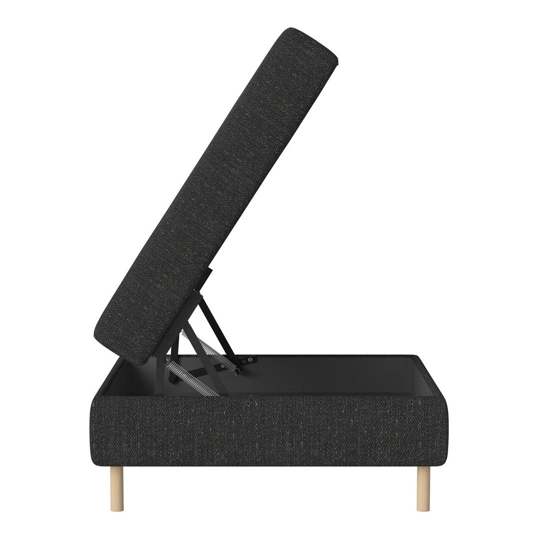 "Stylish black upholstered storage bench with a textured pattern and light wood legs, perfect for modern interiors."
