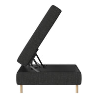 "Stylish black upholstered storage bench with a textured pattern and light wood legs, perfect for modern interiors."