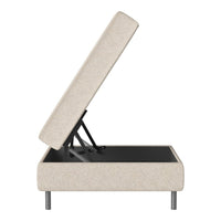 Beige upholstered storage bed with lift-top, featuring a minimalist design and sleek black base.