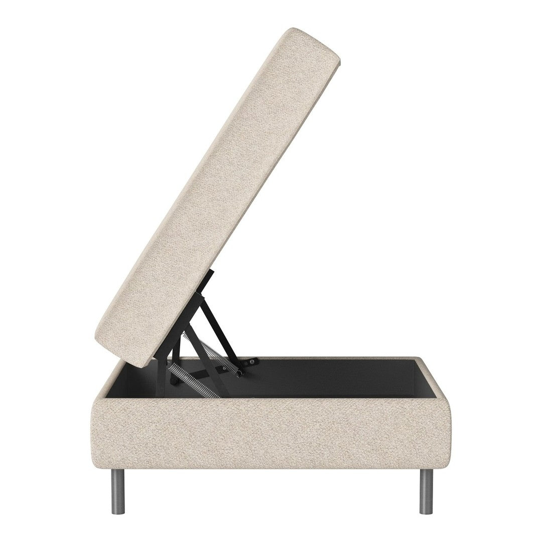 Beige upholstered storage bed with a simple, modern design and a textured fabric pattern.