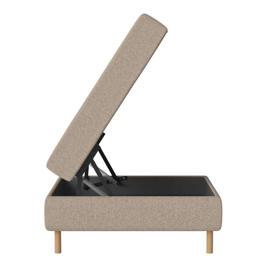 Beige upholstered storage bed with wooden legs, featuring a minimalist design and a textured pattern.