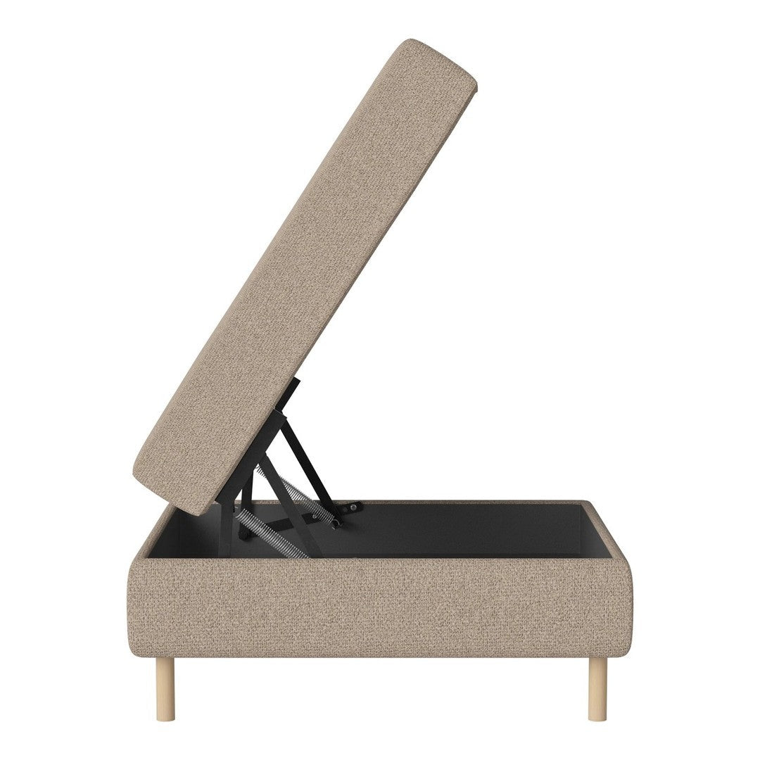 Beige upholstered storage ottoman with wooden legs, featuring a clean, modern design and a fabric texture.