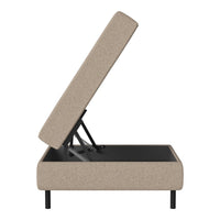 Beige upholstered storage bench with a clean, textured pattern and sleek black metal legs.