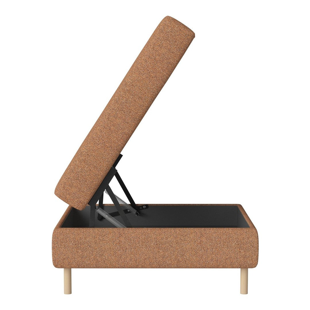 Brown upholstered storage ottoman with a textured finish and light wooden legs. Modern and stylish design.