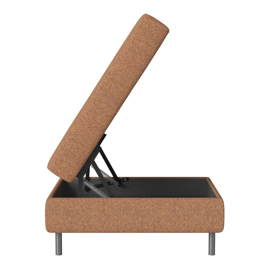 Brown upholstered storage ottoman with a textured finish and black interior, showcasing a minimalist design.