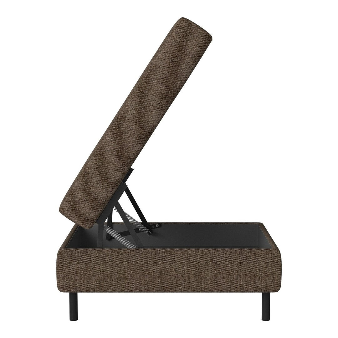 Brown fabric storage ottoman with a modern design, featuring a sleek black base and simple, textured upholstery.
