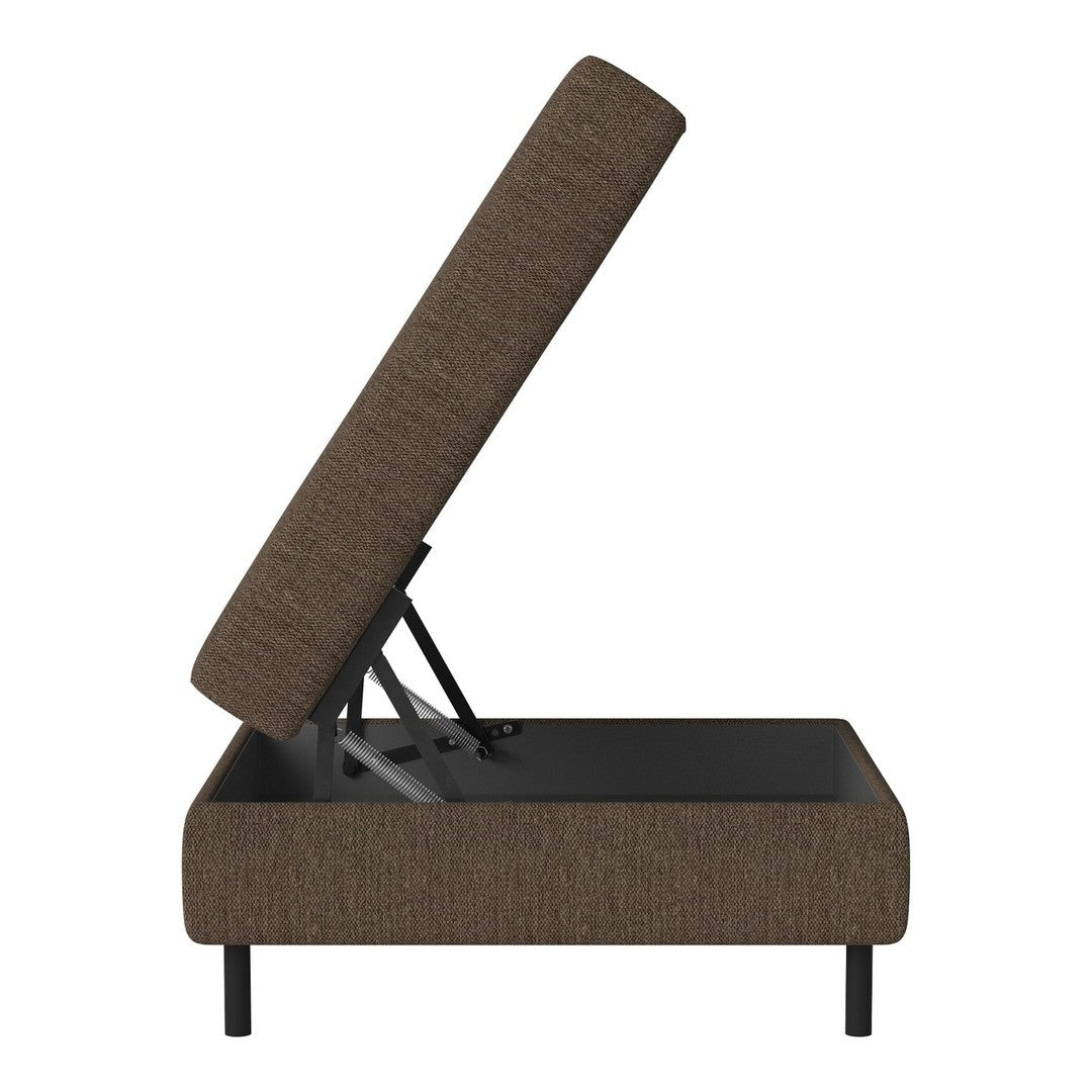 Brown upholstered storage ottoman with a textured fabric and sleek black frame, featuring a lift-up lid.