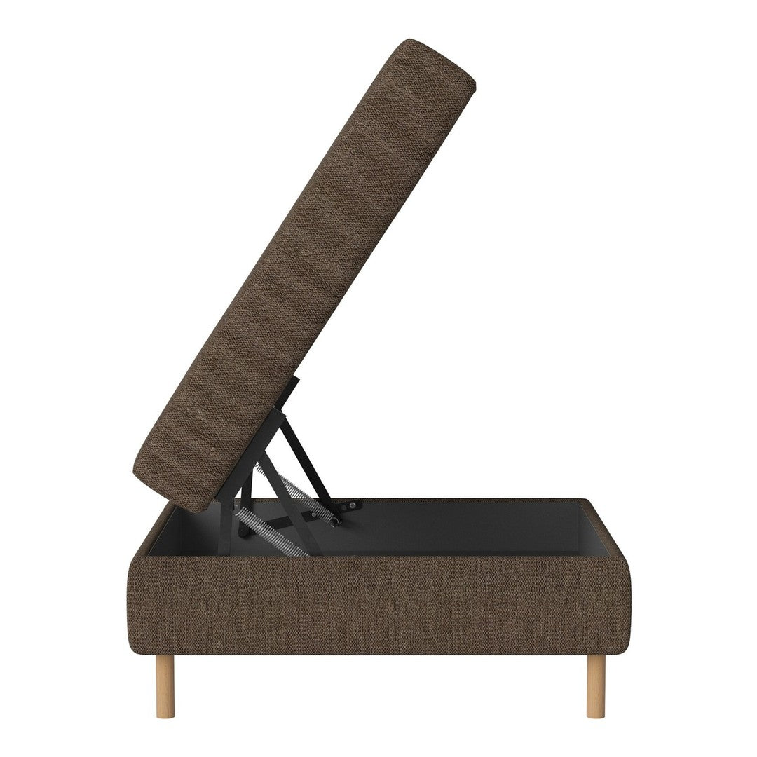 Brown upholstered storage ottoman with a minimalist design and natural wood legs. Perfect for modern interiors.