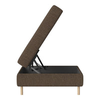 Brown upholstered storage ottoman with a textured pattern, featuring wooden legs and a lift-top design.