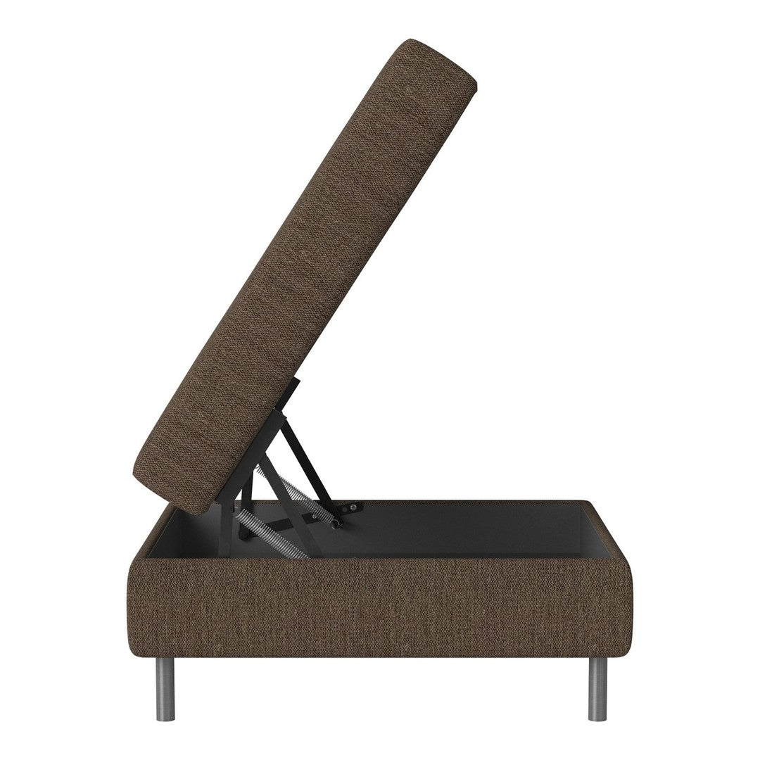 Brown upholstered storage ottoman with a textured fabric and metallic legs, featuring a lift-top design.