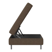 Brown upholstered storage ottoman with a textured fabric and metallic legs, featuring a lift-top design.