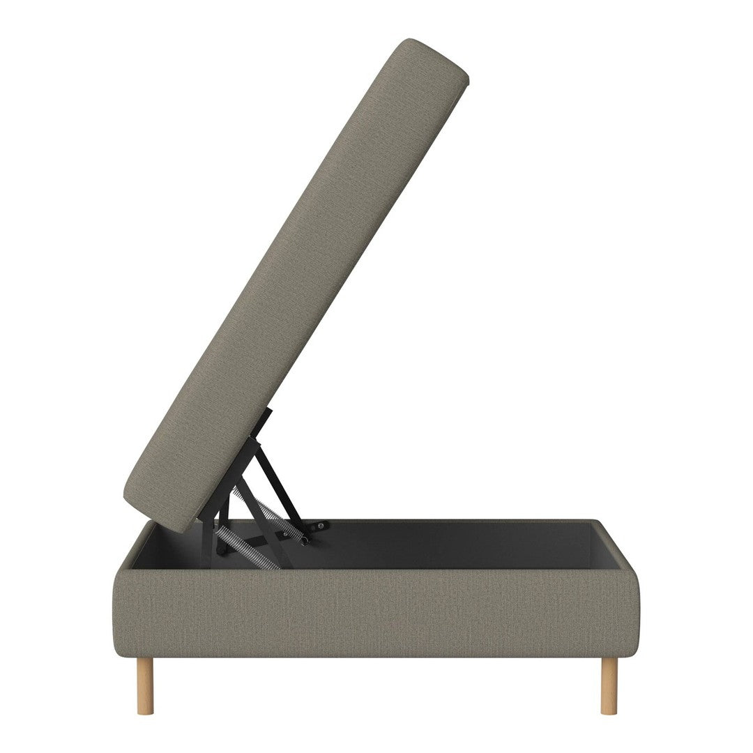 Gray upholstered storage bed with a clean, minimalist design and light wooden legs. Modern and sleek aesthetic.