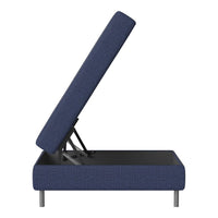 Navy blue upholstered lift-top storage bench with a textured pattern and sleek metal legs.