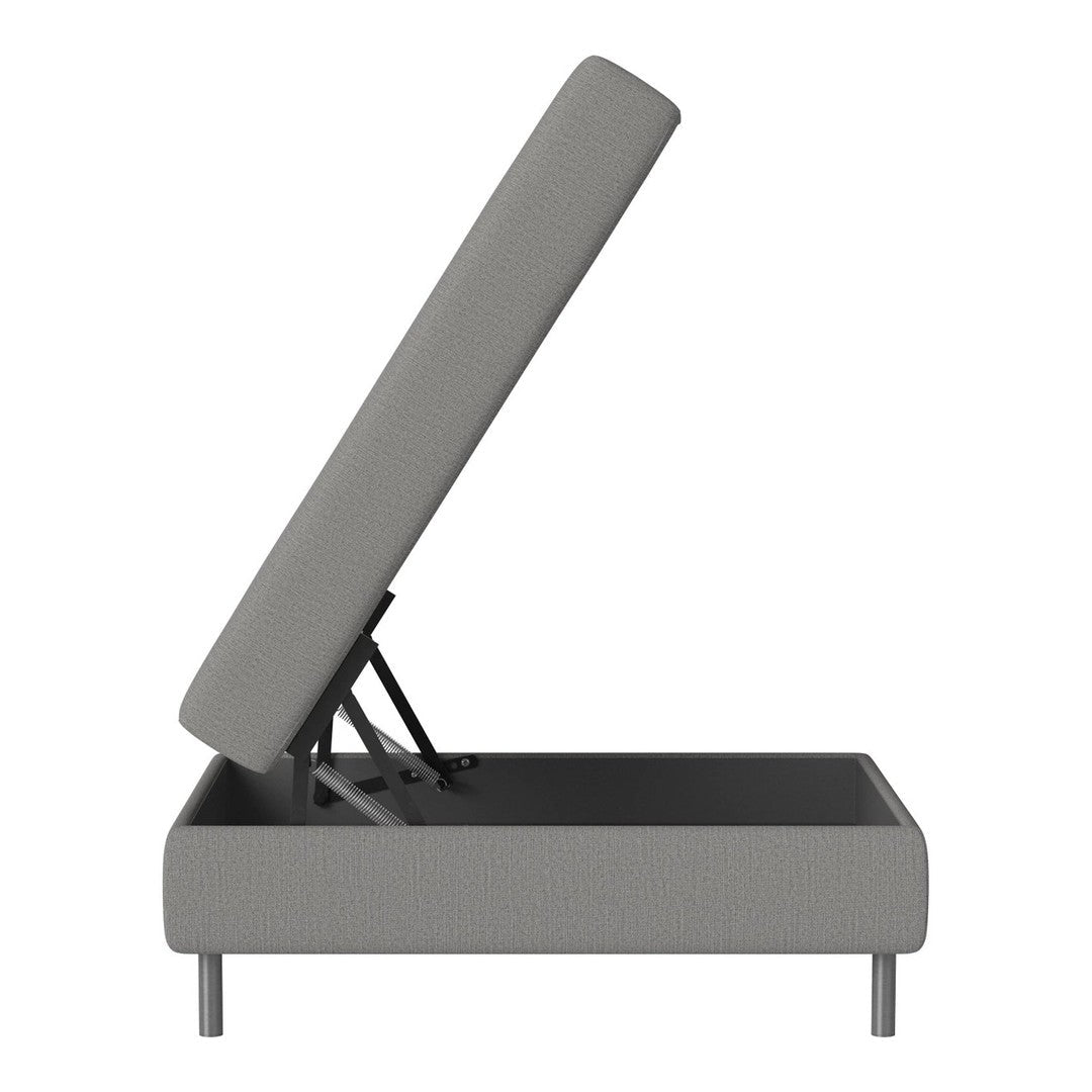Gray upholstered storage bed with a simple, modern design and clean lines.