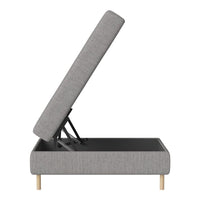 Gray upholstery on a modern lift-top storage bench with natural wood legs, featuring a sleek and minimalist design.
