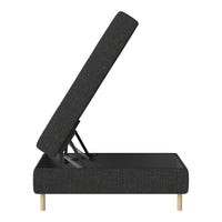Stylish black fabric storage bed with a textured pattern and natural wood legs, perfect for modern interiors.