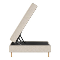 Beige upholstered storage bed with wooden legs, featuring a solid black interior and minimalist design.
