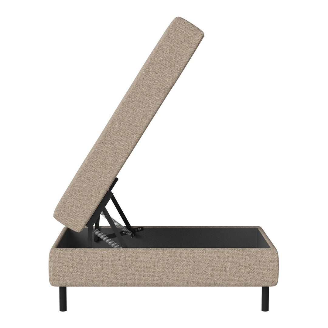 Beige upholstered storage bed with a simple, modern design and sleek black metal frame.