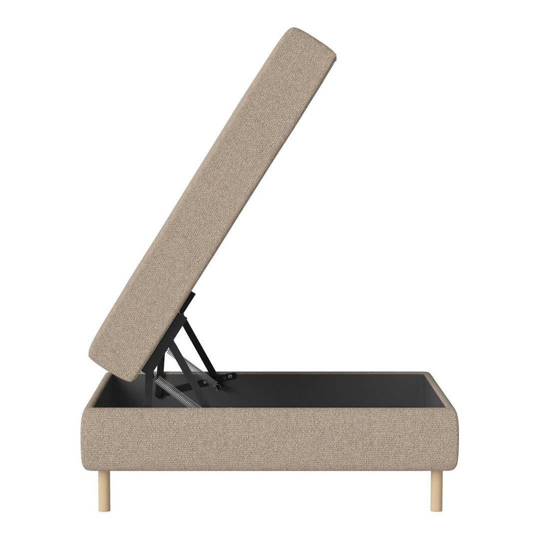 Beige upholstered bed frame with clean lines and a minimalist design, featuring natural wood legs and a sleek, modern aesthetic.