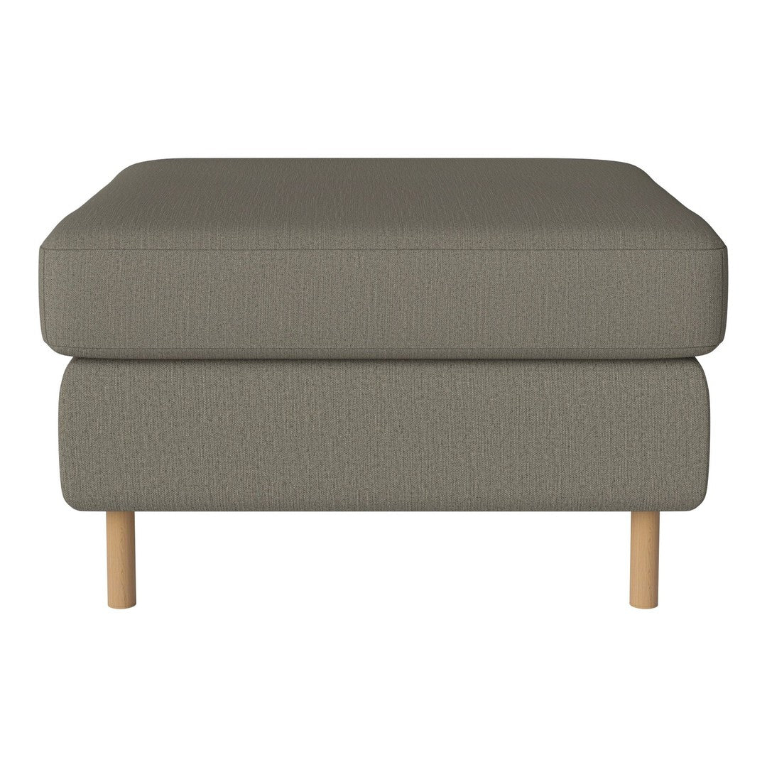 Gray textured ottoman with light wood legs, perfect for modern living spaces.