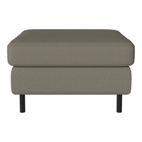 Taupe ottoman with a textured fabric design and black tapered legs, perfect for modern decor.