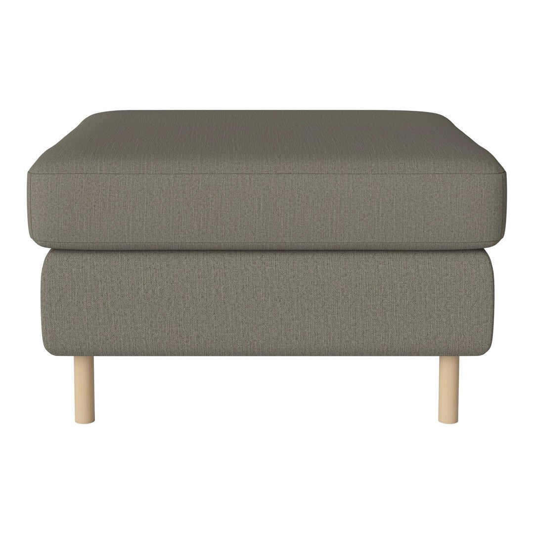 Gray upholstered ottoman with a textured pattern and light wooden legs. Perfect for modern and minimalist decor.