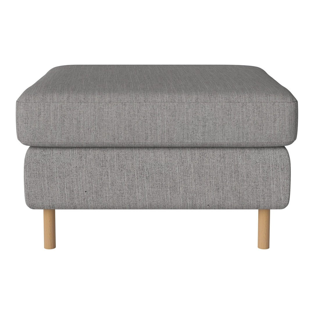 Gray upholstered ottoman with subtle texture, featuring light wooden legs for a modern, minimalist look.