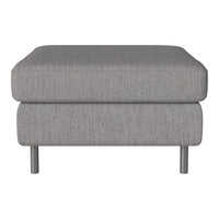 Gray upholstered ottoman with a textured finish, featuring a minimalist design and sleek metal legs.