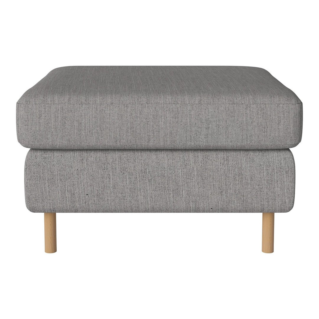 Gray upholstered ottoman with a textured pattern and light wood legs, perfect for modern living spaces.