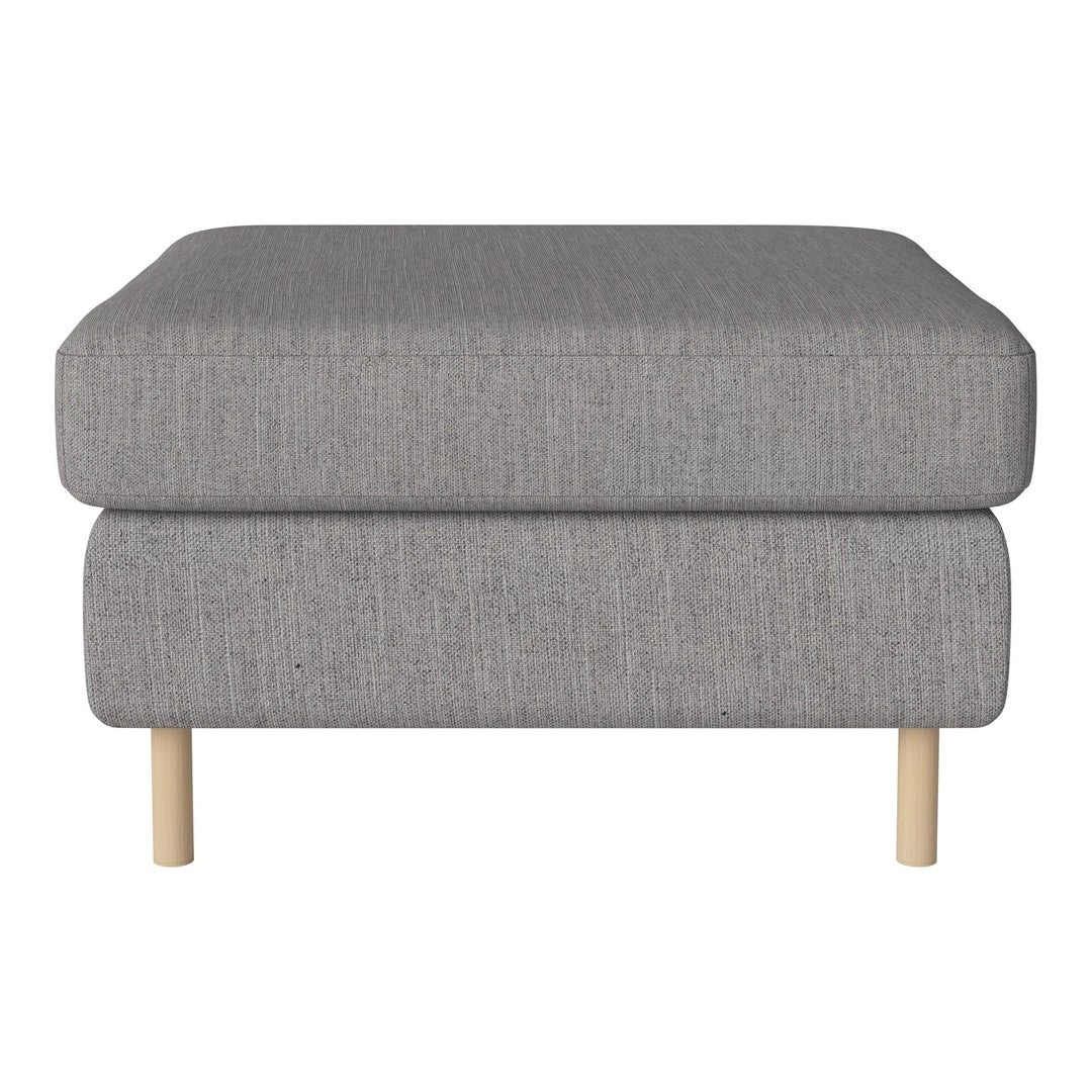 Gray upholstered ottoman with a textured pattern and natural wooden legs, perfect for modern home decor.