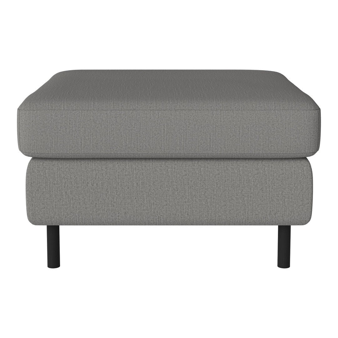 Gray upholstered ottoman with subtle texture and minimalist design, featuring black wooden legs.