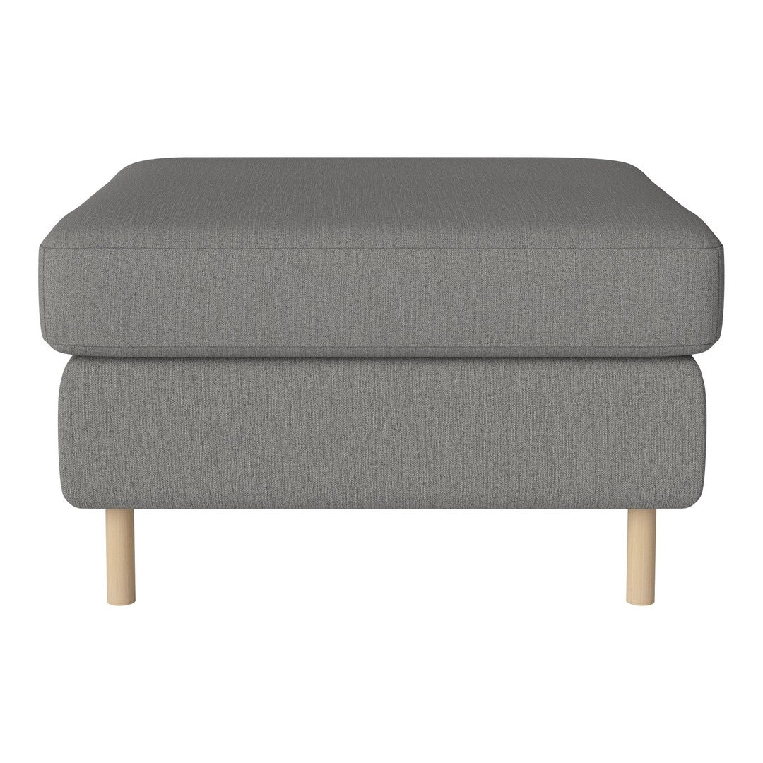 Gray upholstered ottoman with a textured pattern and natural wood legs. Perfect for modern living spaces.