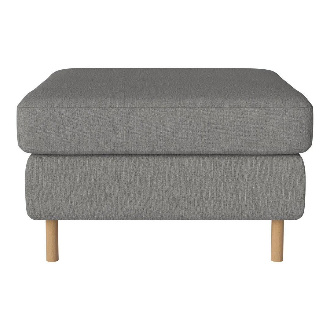 Gray upholstered ottoman with a smooth texture and light wooden legs. Perfect for modern living spaces.