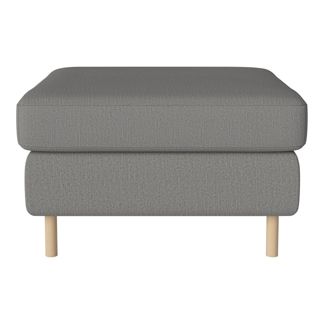 Gray textured ottoman with a minimalist design and light wood legs, ideal for modern decor.