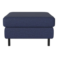 Navy blue upholstered ottoman with textured fabric and black metal legs. Ideal for modern decor.