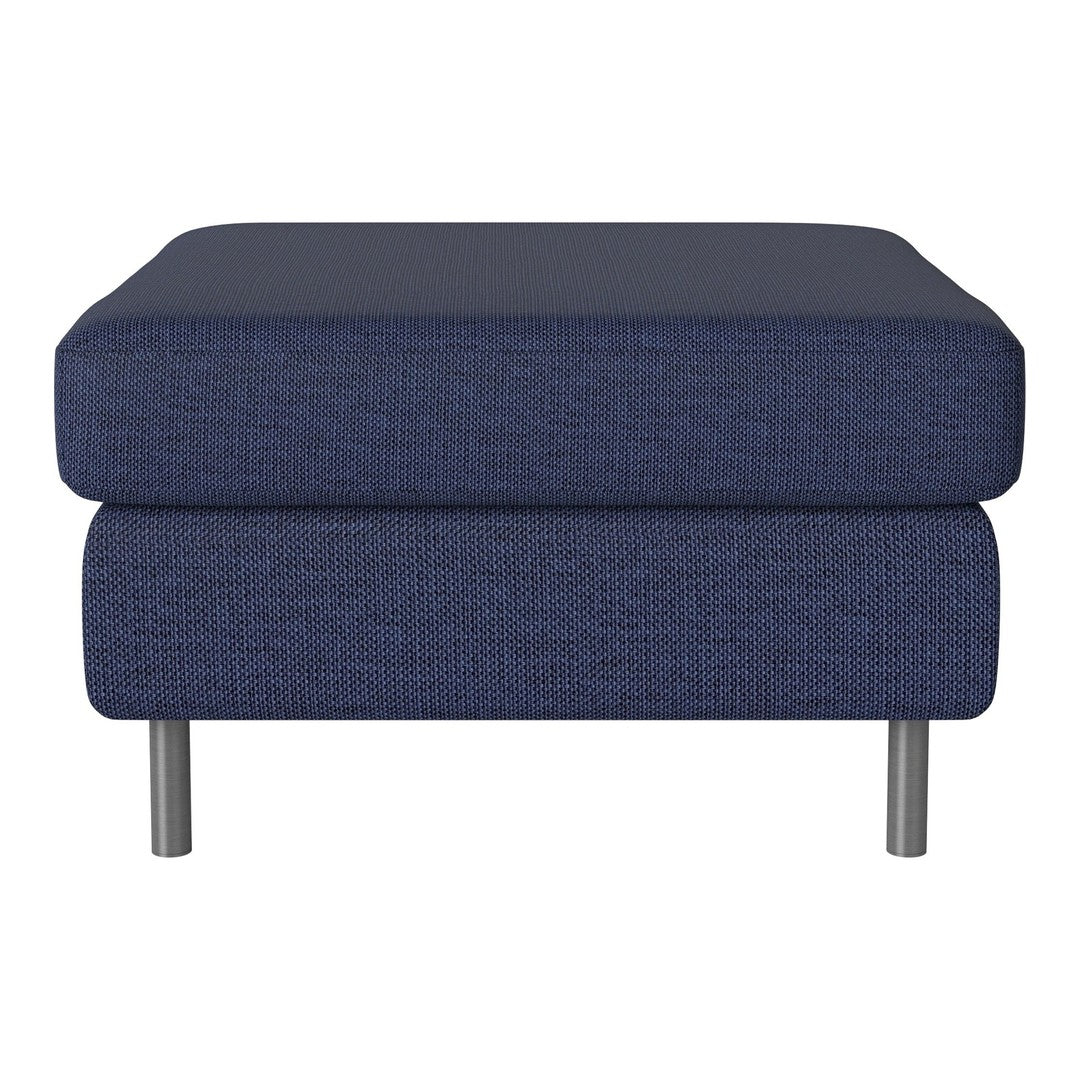 Navy blue upholstered ottoman with a textured fabric finish and sleek metal legs. Perfect for stylish home decor.