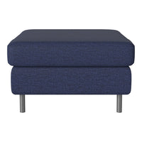 Navy blue upholstered ottoman with a textured fabric finish and sleek metal legs. Perfect for stylish home decor.
