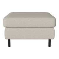Light beige ottoman with a textured fabric and sleek black legs, featuring a minimalist design and no visible patterns.