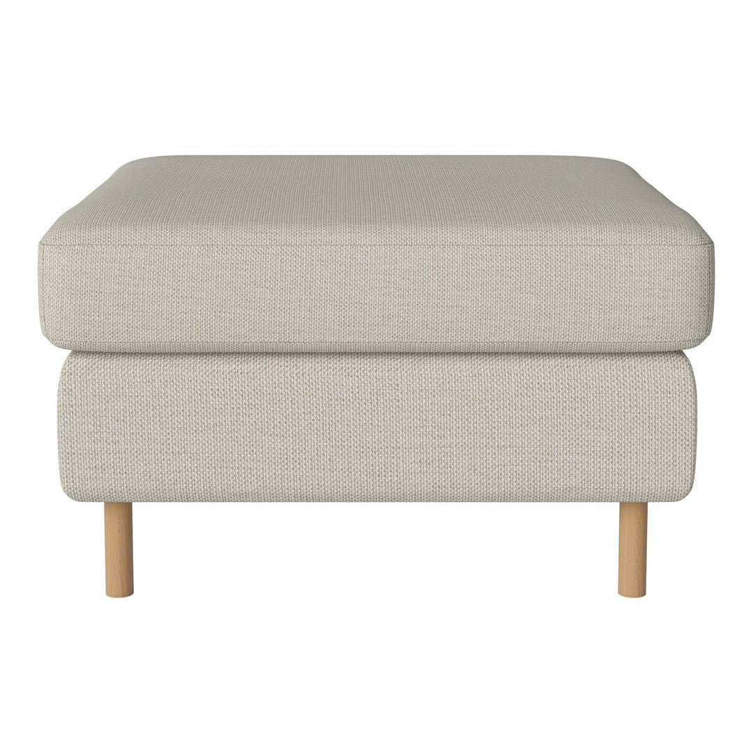 Light beige upholstered ottoman with a smooth texture and minimalist design, featuring natural wooden legs.