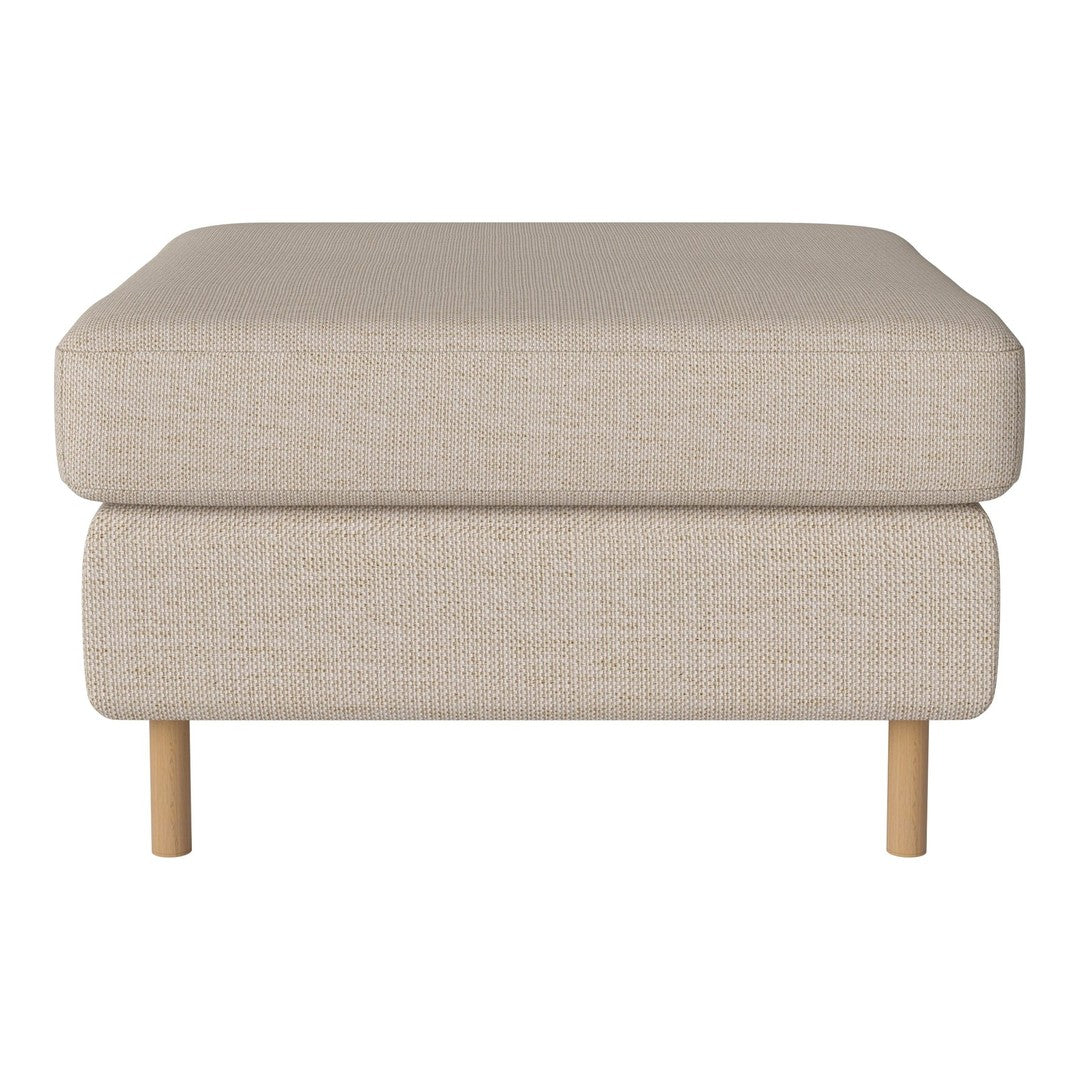 Beige upholstered ottoman with a textured pattern and natural wooden legs. Ideal for versatile home decor.