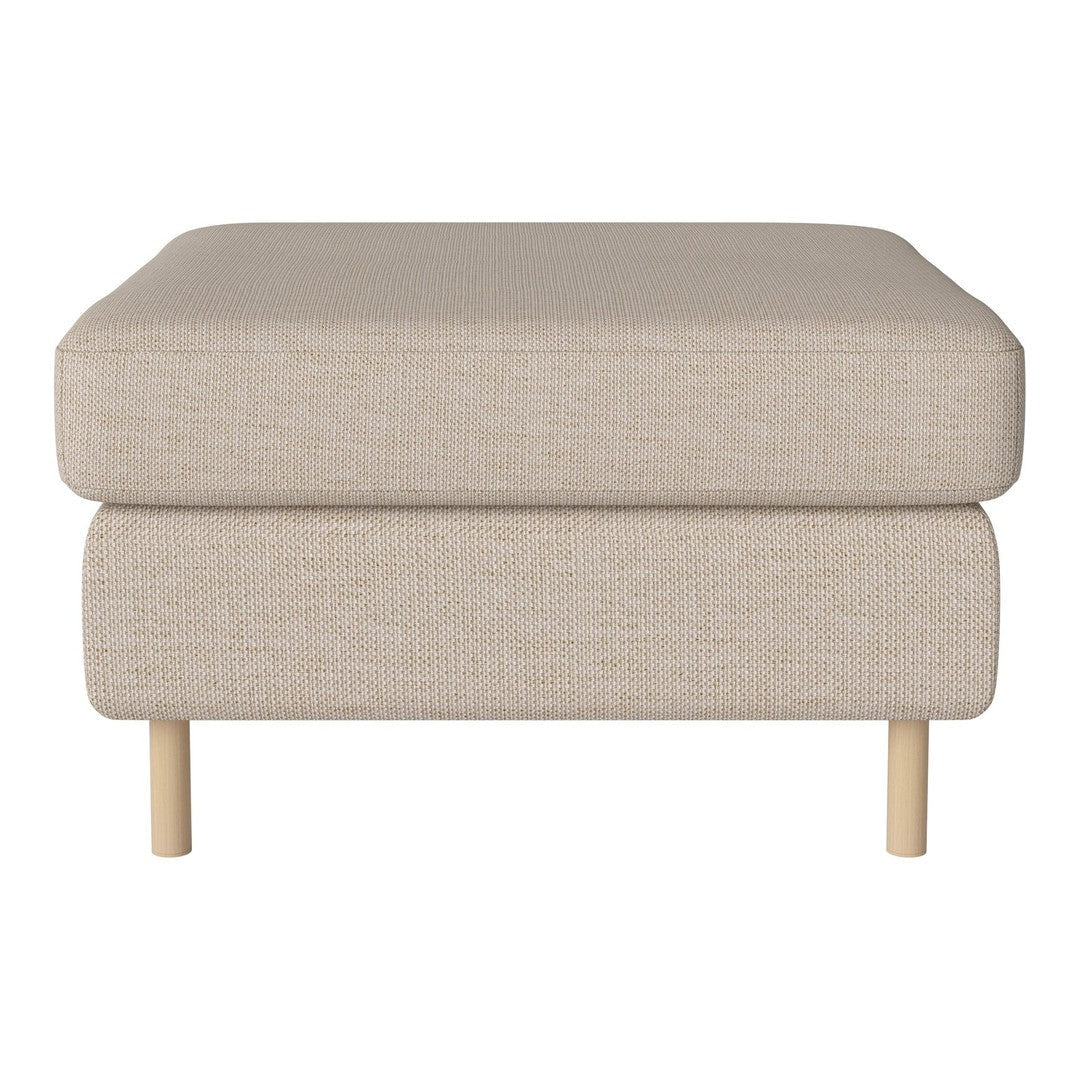 Beige upholstered ottoman with textured fabric and light wood legs, perfect for modern interiors.