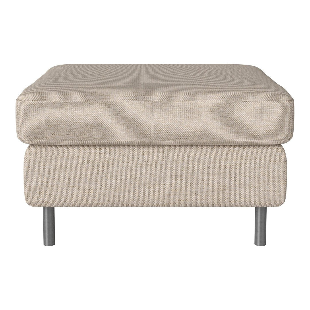 Beige upholstered ottoman with a textured pattern and silver metal legs. Ideal for modern living spaces.