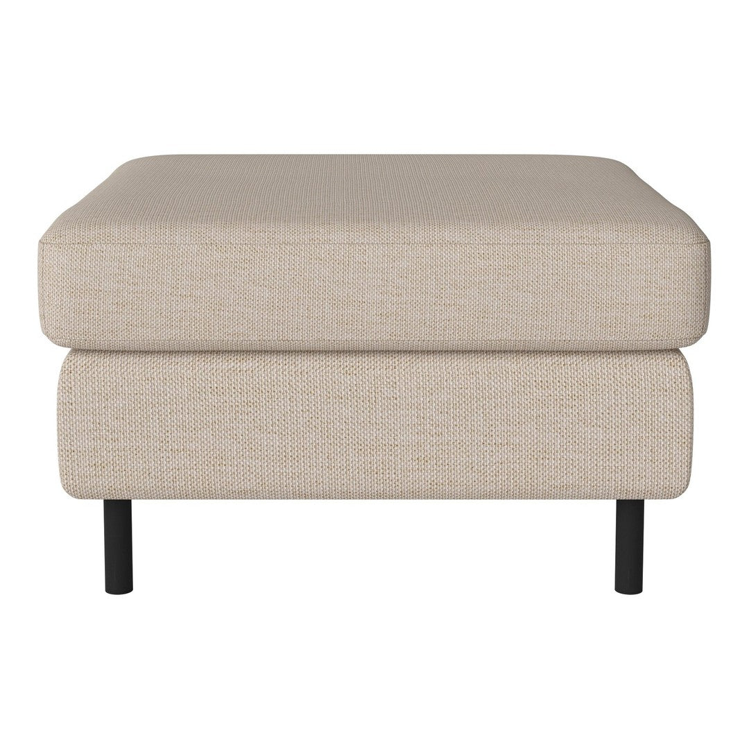 Beige upholstered ottoman with a textured pattern and sleek black legs. Ideal for modern living spaces.