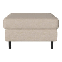 Beige upholstered ottoman with a textured pattern and sleek black legs. Ideal for modern living spaces.