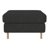 Black textured ottoman with wooden legs, featuring a modern minimalist design. Ideal for stylish home decor.